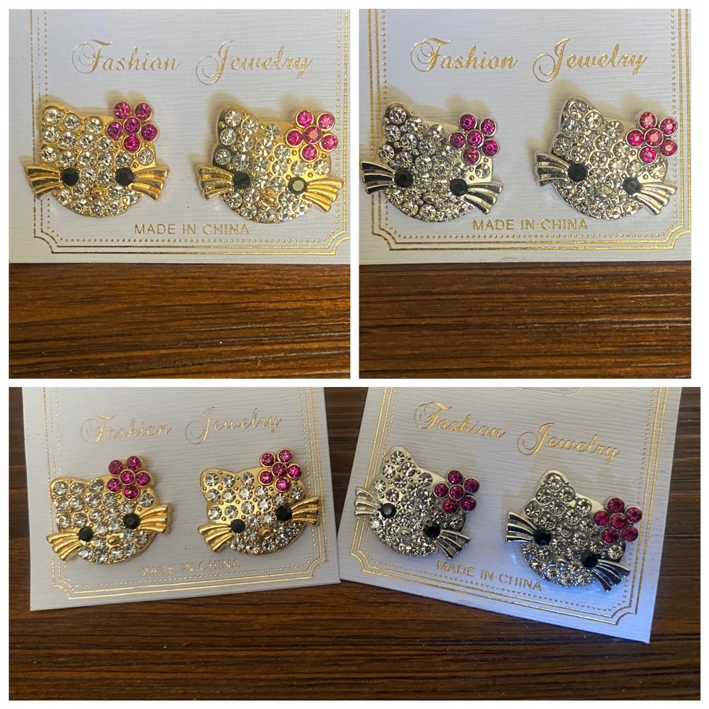 ⭐ 3/$15 ⭐ Hello Kitty Crystal Rhinestone CZ Silver Stud Earrings ¤ 2 Pairs ~ NEW